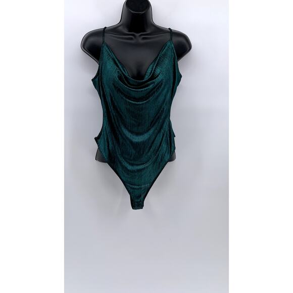 BLA SHE Women's Dark Green Metallic Cowl-Neck Spaghetti Strap Bodysuit SZ L - Picture 1 of 10